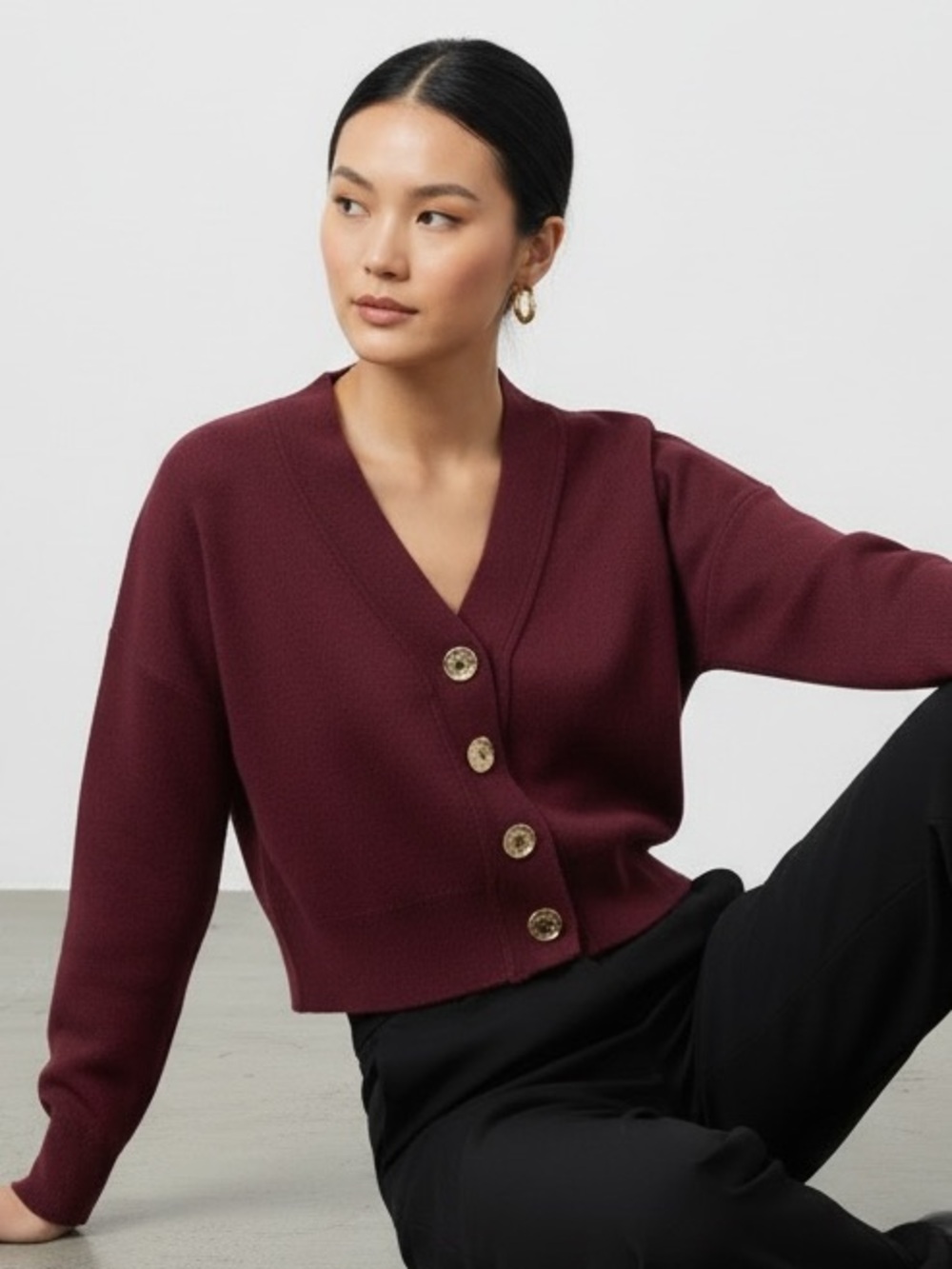 1650 • Deep Burgundy Rayon Blend V Neck Cardigan w/Crumpled Gold Buttons
